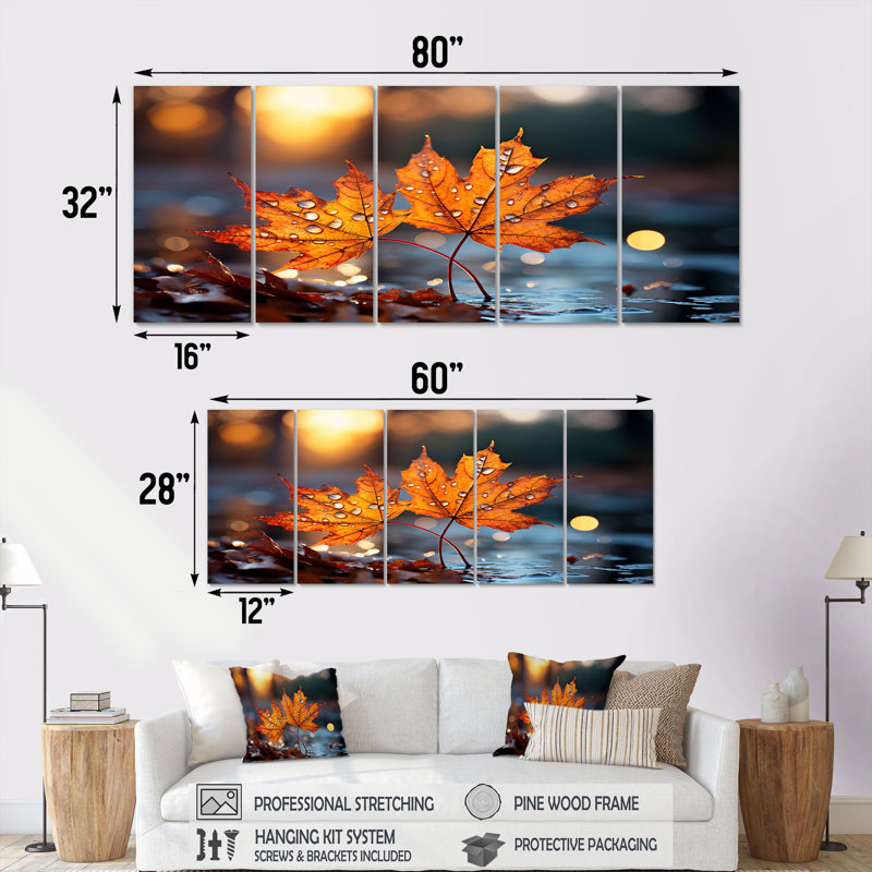 «Orange Autumn Maple Leaves III», ensemble d'art mural 5 pièces érable, H 28 po x l 60 po