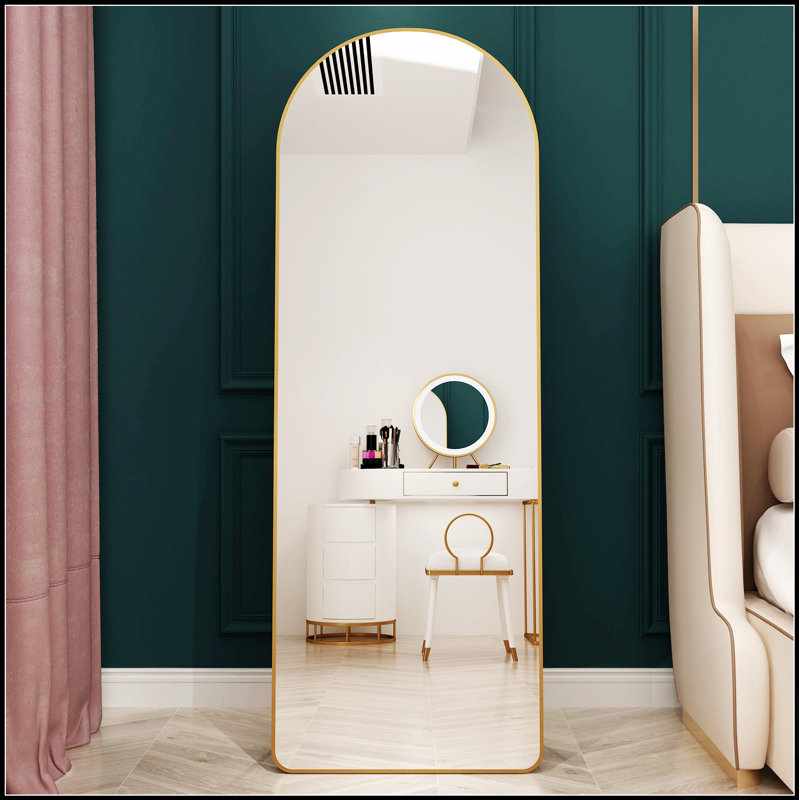 Miroir pleine grandeur à fixation au sol de quatrième génération, cadre en alliage d'aluminium arqué pour la salle de bain et la chambre à coucher