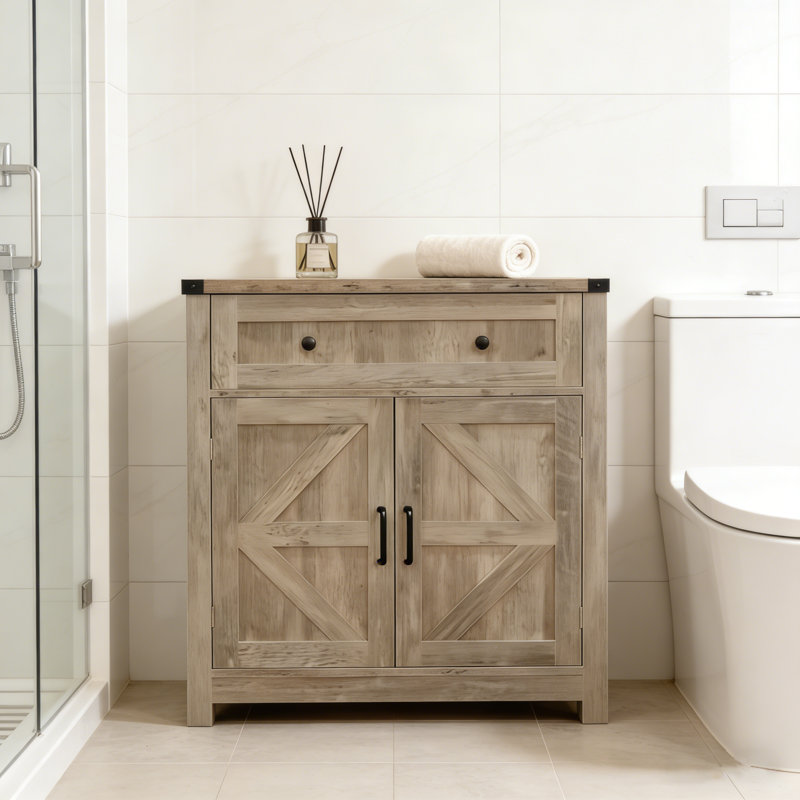 Buffet de ferme compacte, bois gris clair avec porte de grange pour la cuisine