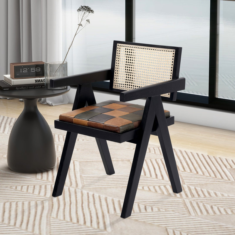Andrene Solid Wood Rattan Genuine Leather Arm Chair Dining Chair, Black