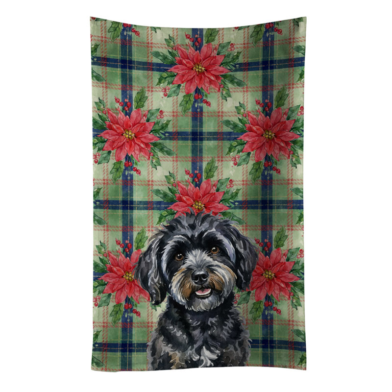 Black Havanese Christmas PoinsettIas Kitchen Towel, Black Havanese