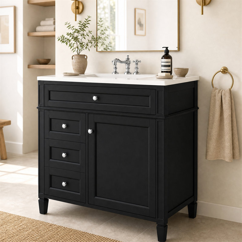 Meuble-lavabo simple de 91 cm (36 po) avec comptoir et rangement multifonctionnel, noir, Noir