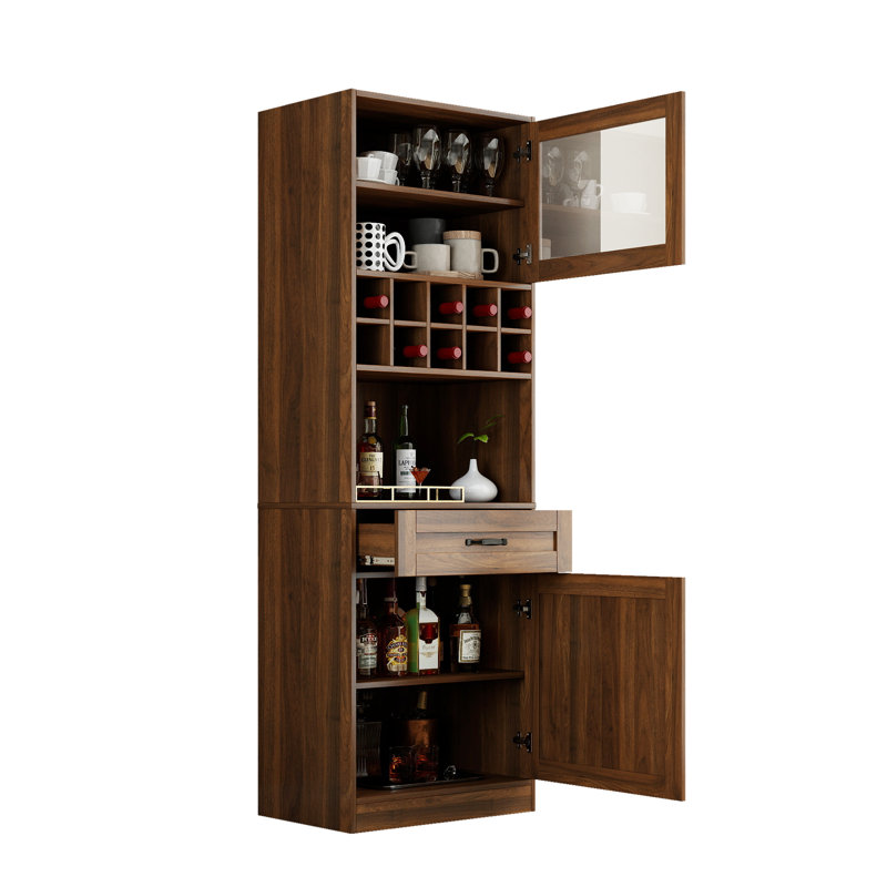 Armoire de cuisine 71 po avec tablettes coulissantes et portes en verre, armoire à vin avec tiroir