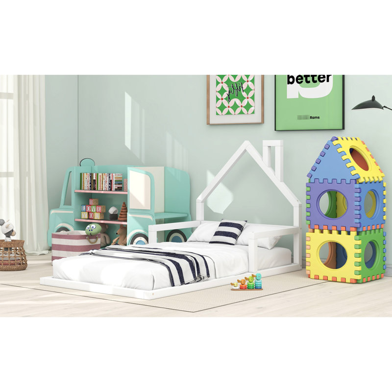 Élégant lit simple blanc avec tête de lit en forme de maison - Espace chambre à coucher hypnotisant en bois massif + structure, contemporain