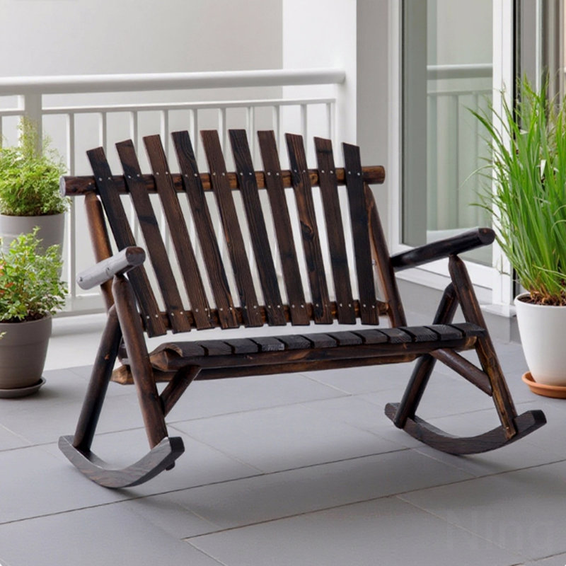 Outdoor Wooden Rocking Chair, Double-Person Rustic Adirondack Rocker