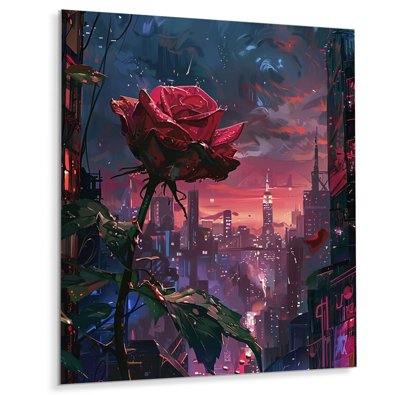 Rose rouge, coucher de soleil urbain II, art mural salon rose, Métal métal, H 40 po x l 30 po x P 1,5 po