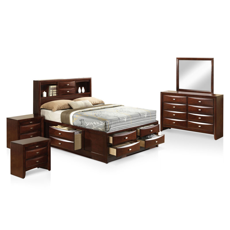 Ensemble de chambre à coucher 6 pièces Lakiesha, Très grand, Brun, 6 Pcs: Bed,2 Nightstands, Chest, Dreser,Mirror