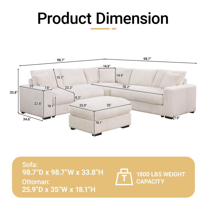 98.7" Corduroy Sectional Corner Sofa 6 Seater Deep Seat Cloud Couch With Upholstered Movable Ottoman, Beige Corduroy