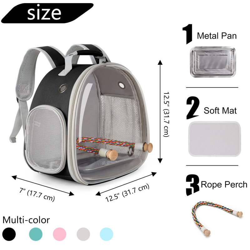 Sac à dos de transport pour petits oiseaux avec support et plateau métallique, sac transparent à bulles pour transporter une perruche calopsitte, noir