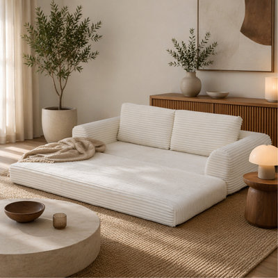 2-in-1 Folding Convertible Sofa Bed, Modern Corduroy Sleeper Couch with 2*pillows, Futon Modular Upholstered Boneless Sofa with Pull-Out Bed,Folding Floor Modular Couch for Living Room Beige