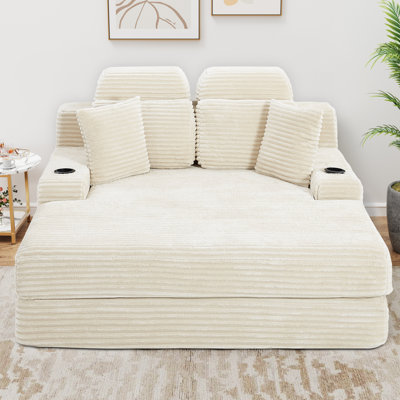 63.8" Oversized Compression Corduroy Chaise Lounge, Deep Seat Sleeper Sofa with Headrest, Cup Holder & Side Pocket, No Assembly Required