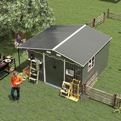 10x12 Ft Outdoor Storage Shed, Extra Large Metal Shed with Lockable Doors, Windows, Outside Steel Tiny House Ideal for Garden, Backyard, Patio Utility, Tool Storage, Chicken Coops
