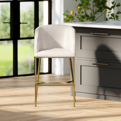 31" Modern Bar Stool In White Faux Leather, Gold Frame, Two Heights For Kitchen Island Use Stool, Steel Adjustable Glides, Comfortable Social Gatherings