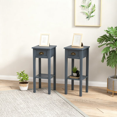 2-Tier End Table With Drawer And Bottom Shelf, Narrow Side Table For Living Room Storage, Set Of 2