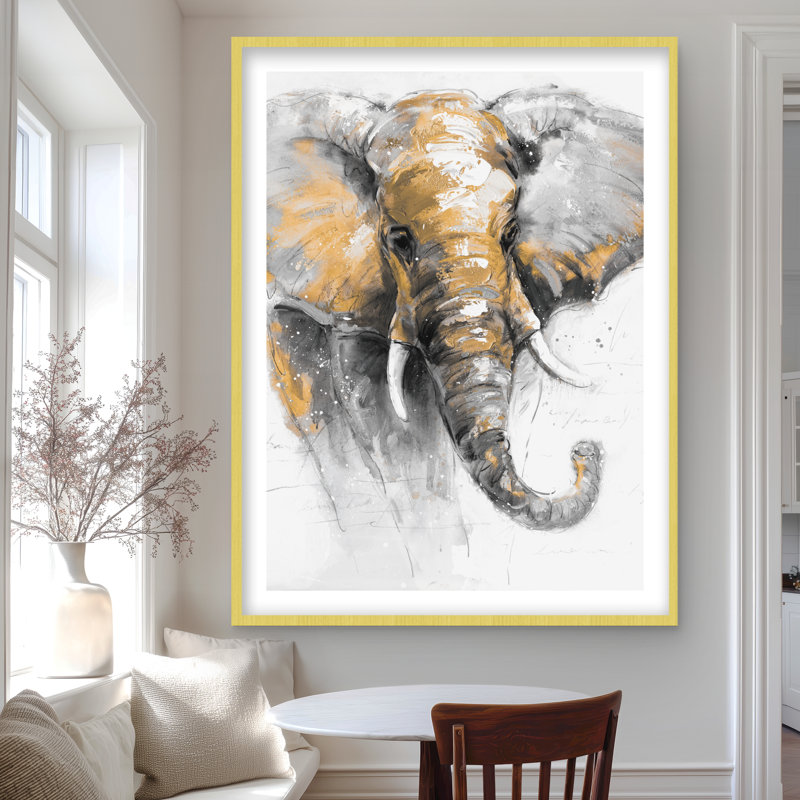 Magnifique éléphant doré - décor de bureau encadré doré, H 48 po x l 36 po