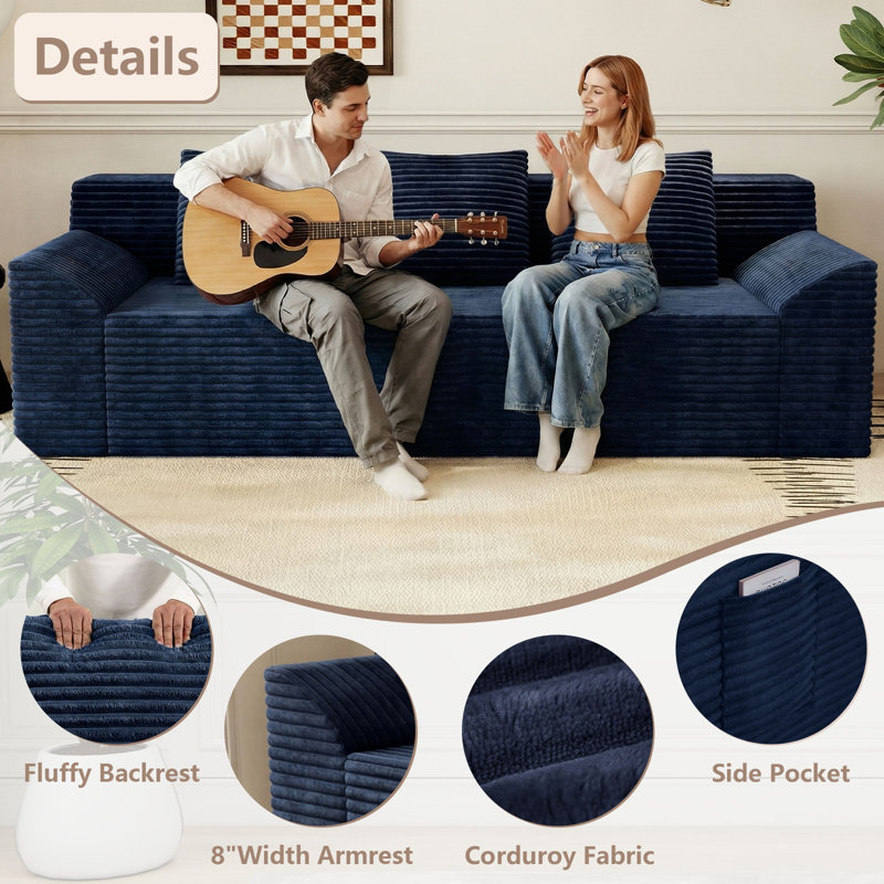 Boneless 71" Corduroy Loveseat Sofa, 3-Seater Cloud Couch, Boneless Couch in a Box, Comfy Deep Seat Sofa with Memory Foam, Pillows and Wide Armrests, Modern Small Couches for Small Spaces, No Assembly(71 inch diagonal armrest)
