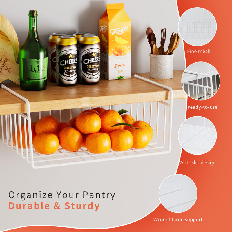 Prep & Savour Wire Under Shelf Basket 4-Pack Creating Extra Isolated Storage Space for Pantry, Refrigerator, White