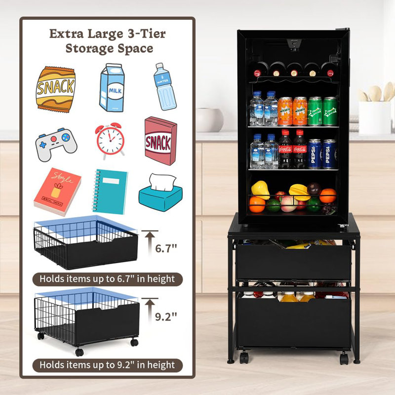 Mini Fridge Stand With Storage Drawer Basket, Mobile Mini Fridge Table, Heavy Duty Fridge Cart, Small Refrigerator Stand For Beverage Coffee Bar Dorm Mini Fridge Cabinet