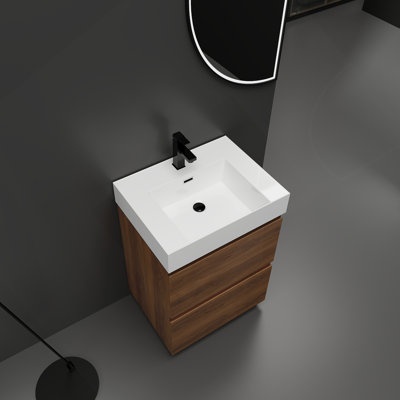 Ensemble de meuble-lavabo 24 po avec lavabo simple, meuble-lavabo sous-comptoir moderne avec double tiroir, meuble-lavabo sur pied autoportant, bois d'ingénierie, brun