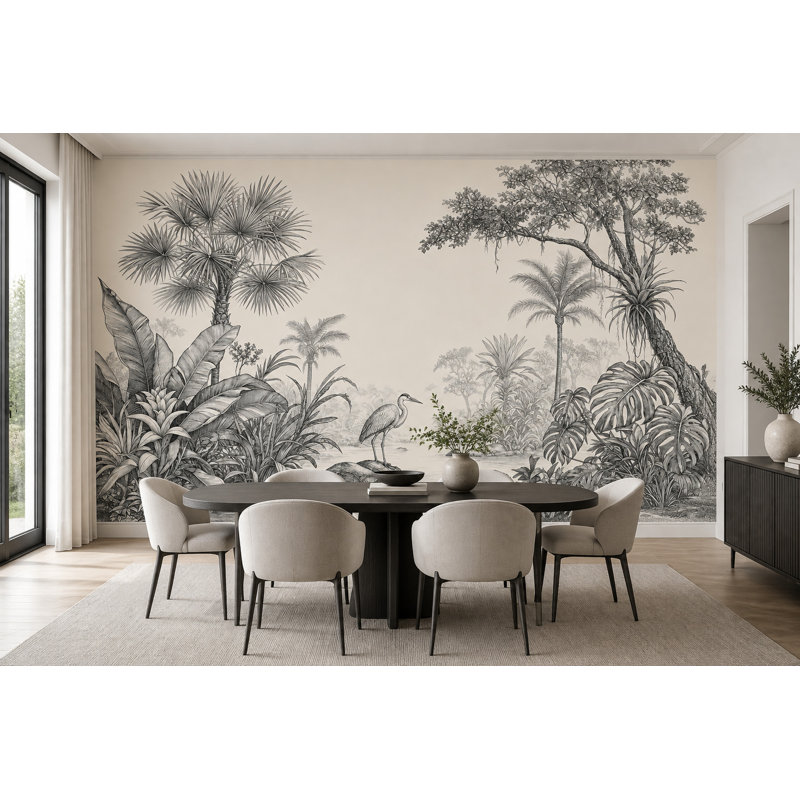 Papier peint tropical jungle, fresque murale en toile noire et ivoire, motif toile de Jouy, 160"x108", Non-Woven Nonpasted