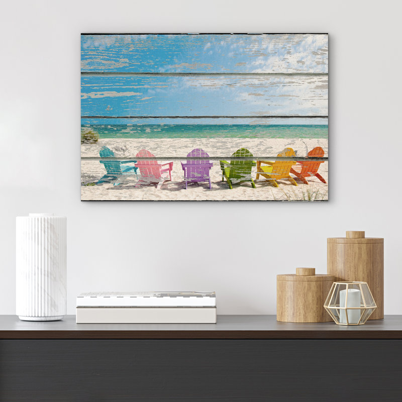 «Coastal Beach Colorful Beach Chairs on White Soft Sand», impression sur toile tendue, H 16 po x l 24 po, Toile tendue