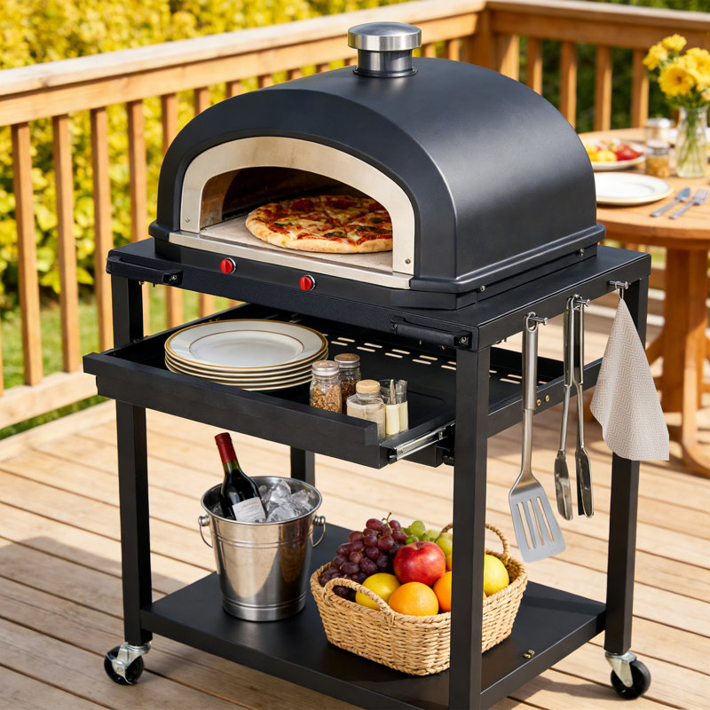 30" Outdoor Pizza Oven Table with Storage Cabinet, Stainless Steel Grill Cart with Wheels, Outdoor Kitchen Prep Table for BBQ & Patio Cooking