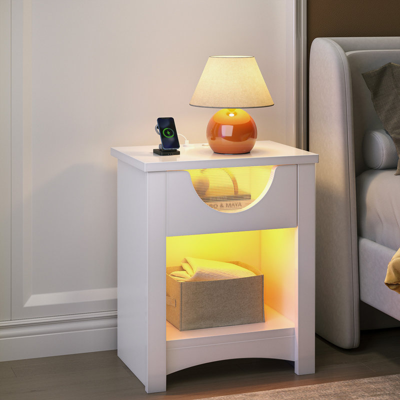18''Modern Glossy White LED Nightstand with Drawer, Power Outlet and Open Shelf, Glossy White, 1