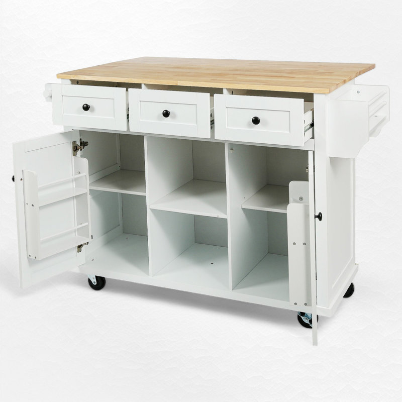 Large îlot de cuisine roulant avec plateau en bois massif, îlot, chariot à café, Blanc