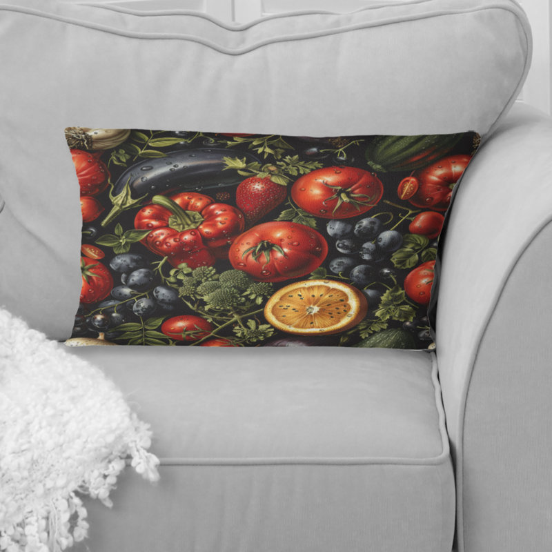 Coussin lombaire rouge, vert et légumes