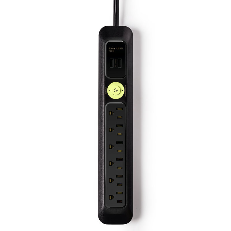 Protecteur de surtension multiprise à 6 prises et 2 prises USB, Noir