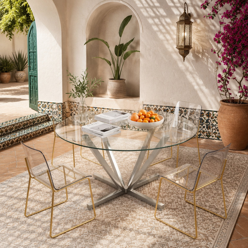 Table de salle à manger ronde de 45,27 po, table de cuisine en verre trempé avec pieds en métal chromé argenté, table de salle à manger moderne pour la cuisine, le salon et l'assemblage facile