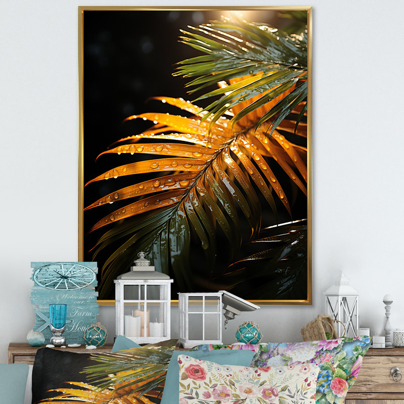 «Sunset Tropical Palm Tree Leaves III», reproduction sur toile, Cadre flottant doré, H 32 po x l 24 po x P 1 po