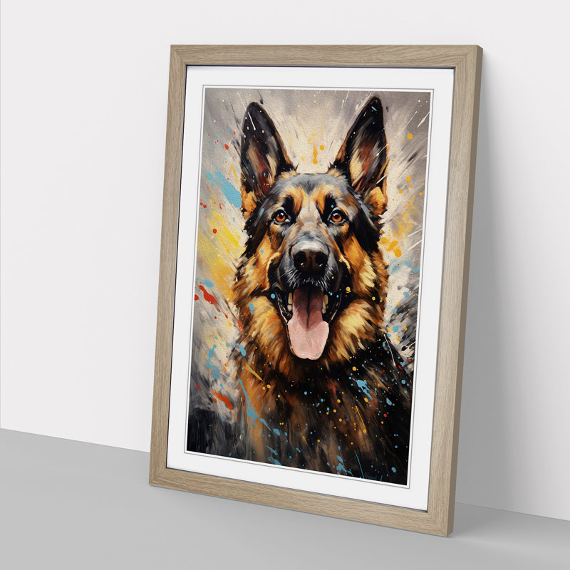 German Shepherd Action Painting - Framed Print, Oak Framed, 64cm H x 46cm W