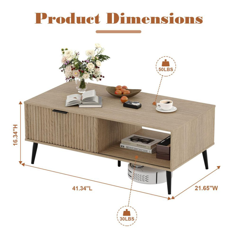 Coffee Tables for Living Room, Farmhouse Center Table with Hidden Storage and Fluted Sliding Door, Dining Table for Home Apartment Office