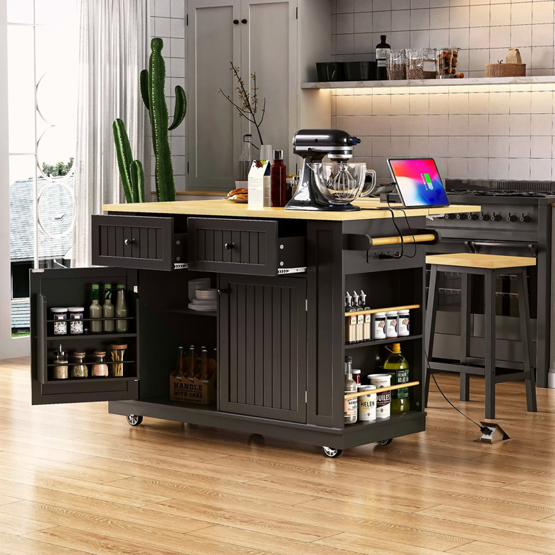 48 Inch Large Kitchen Island With Drop Leaf,Power Outlet,Internal Storage Rack,Rolling Kitchen Storage Cart On 5 Wheels With 5 Open Side Racks For Kitchen,Dining Room