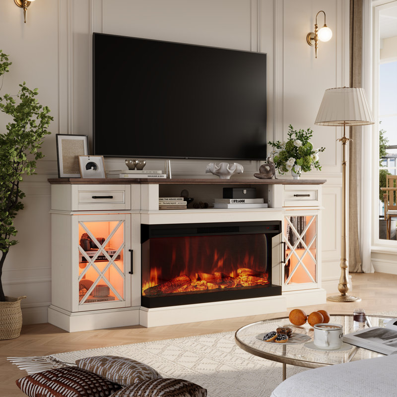 70''W Farmhouse Fireplace TV Stand for TVs up to 80", Electric Fireplace Included, White