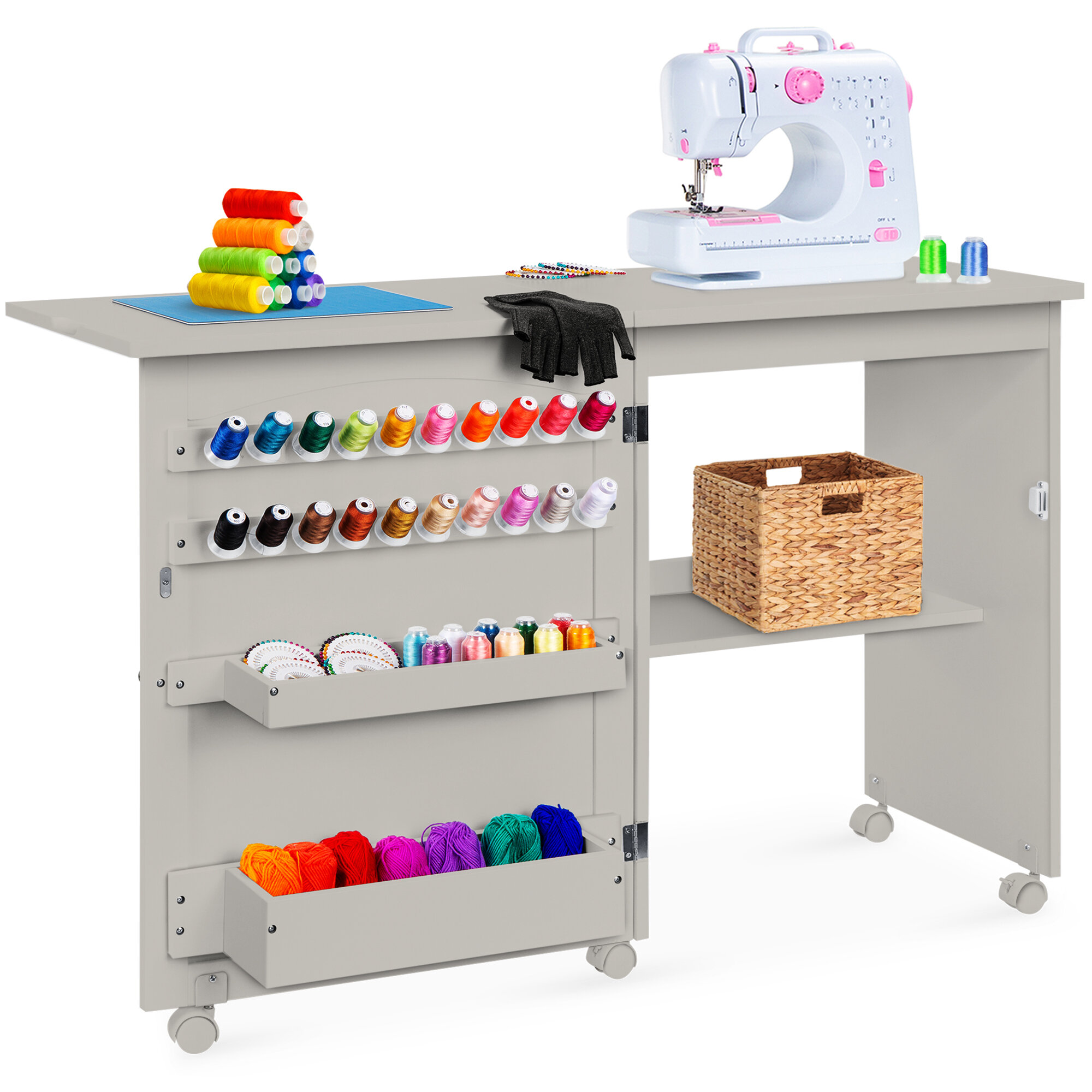 White Folding MDF Sewing Craft Cart Table with Storage Shelves and Lockable  Casters