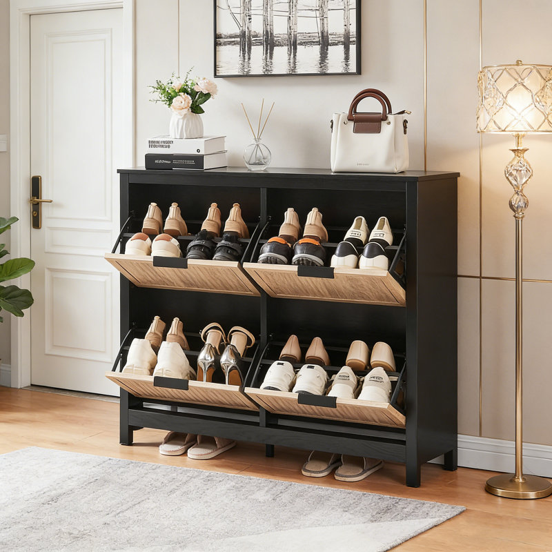 Narrow 4-Drawer Flip-Top Shoe Cabinet For Entryway, Black/Oak