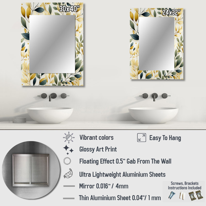 Adreon Tranquil Leaves - miroir mural unique de plantes, miroir bohème, impression d'art en métal, 32 po x 24 po