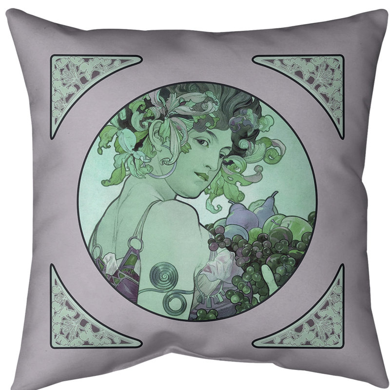 Alphonse Mucha Fruit Panel Euro Pillow Cover, Green, Cotton Twill