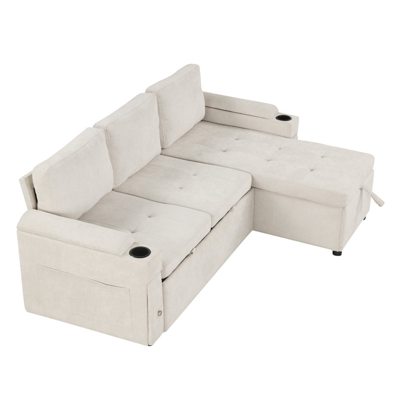 83.5" L-Shaped Sofa Couch Convertible Sofa Bed Sectional Sofa With Ample Storage Space, Two Cup Holders And Two USB Ports For Living Room, Beige