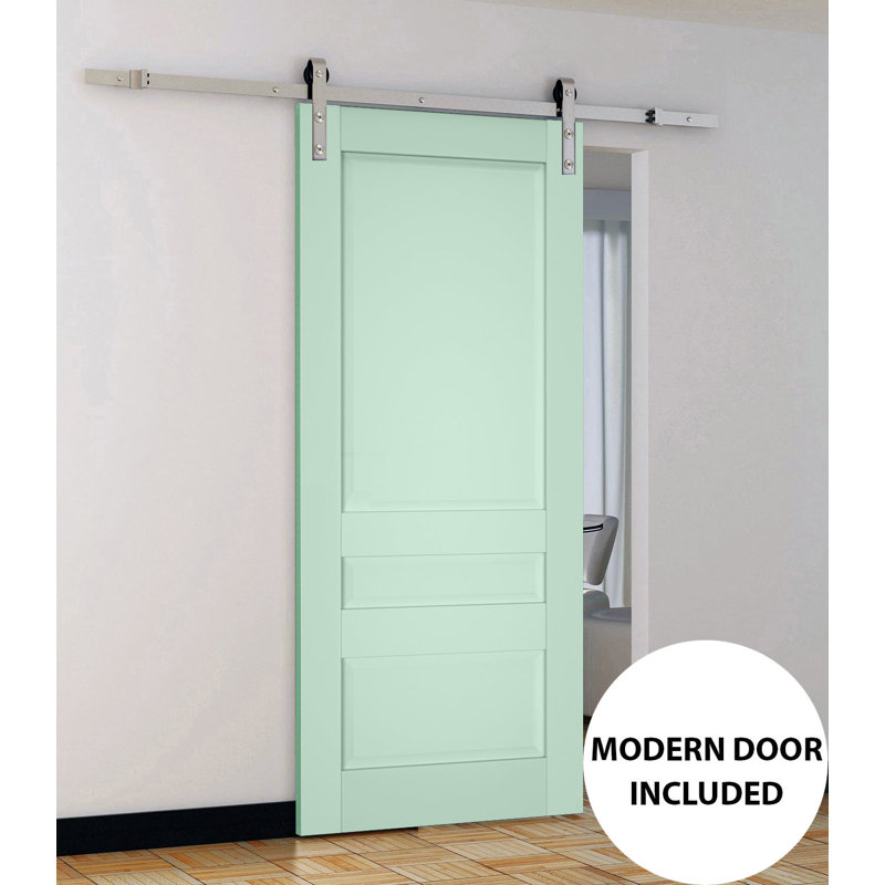 Porte de grange robuste Veregio 7411 Oliva, supports de rail de 2 m (6,6 pi), quincaillerie renforcée, portes intérieures à panneaux pleins - 81 cm x 213 cm (32 po x 84 po) - Rail argenté