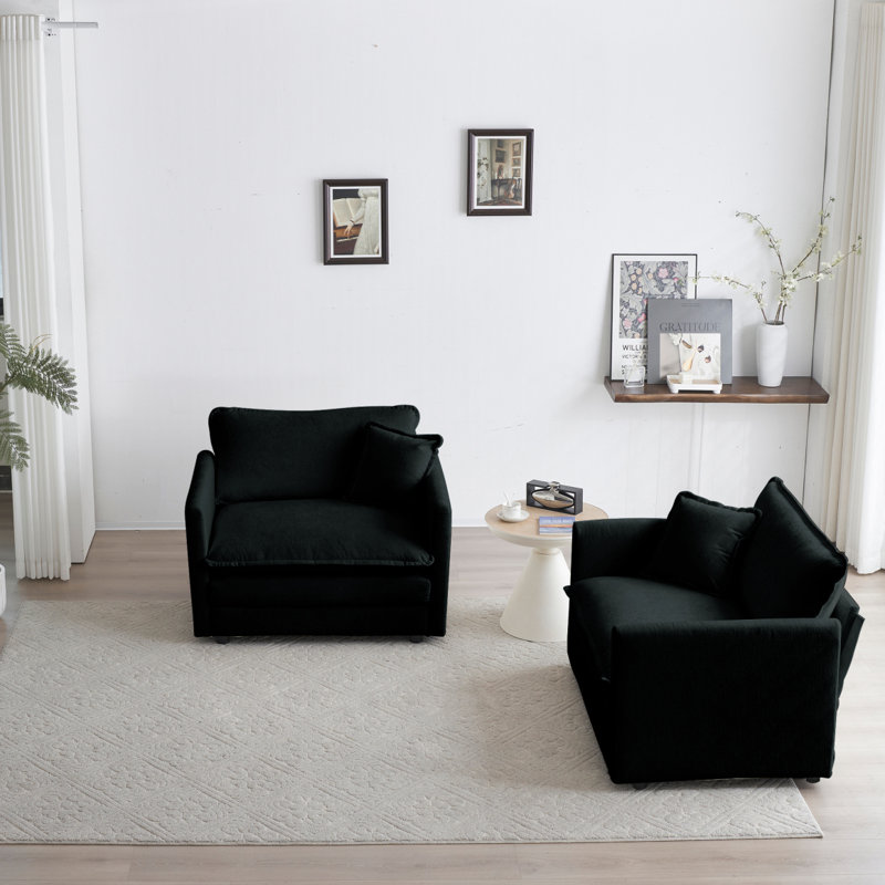 Ensemble de 2 fauteuils modernes avec accoudoirs rembourrés en chenille haut de gamme, Noir