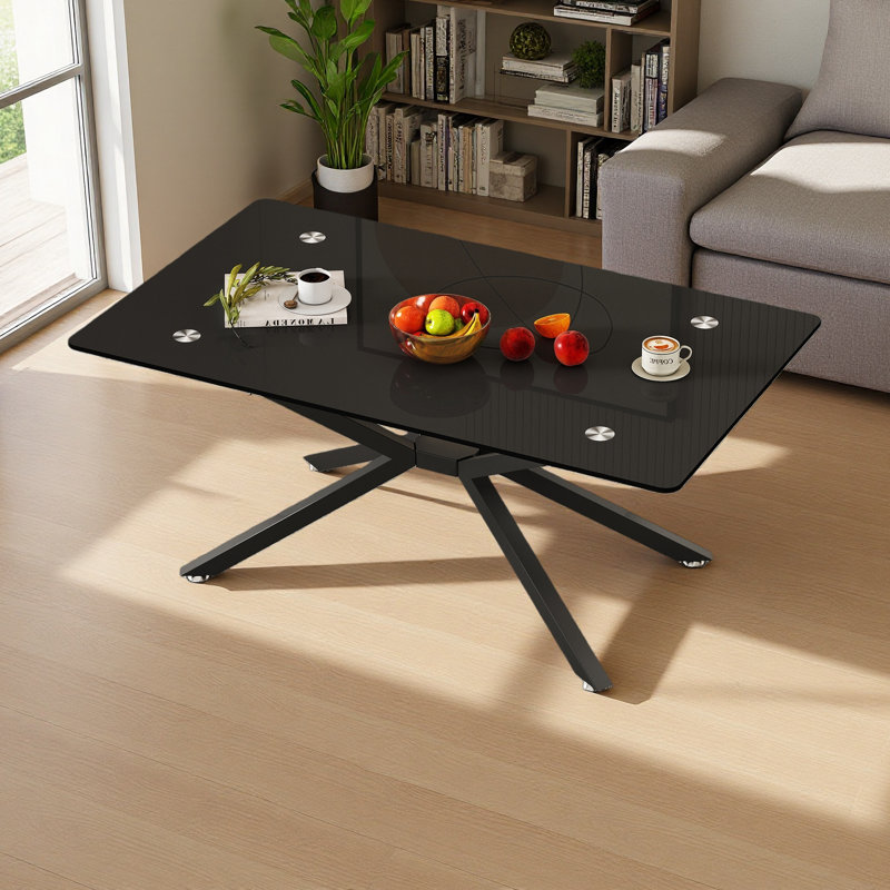 Table basse rectangulaire en verre trempé de 39,37 po de conception élégante avec pieds en métal, Noir, Noir