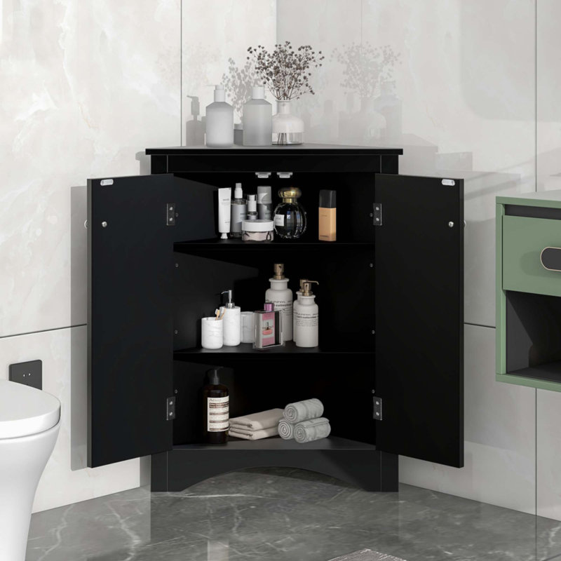 Black Triangle Bathroom Storage Cabinet With Adjustable Shelves, Black