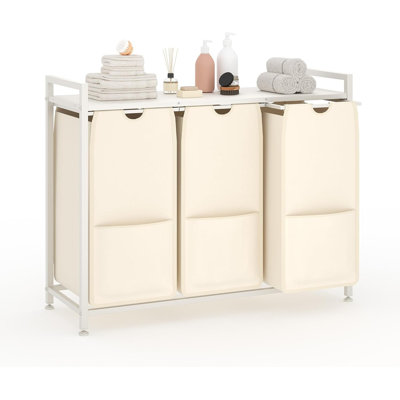 3-Bag Laundry Hamper Organizer with Shelf – 12.8 Gal Each Oxford Fabric, Pull-Out for Laundry/Bathroom