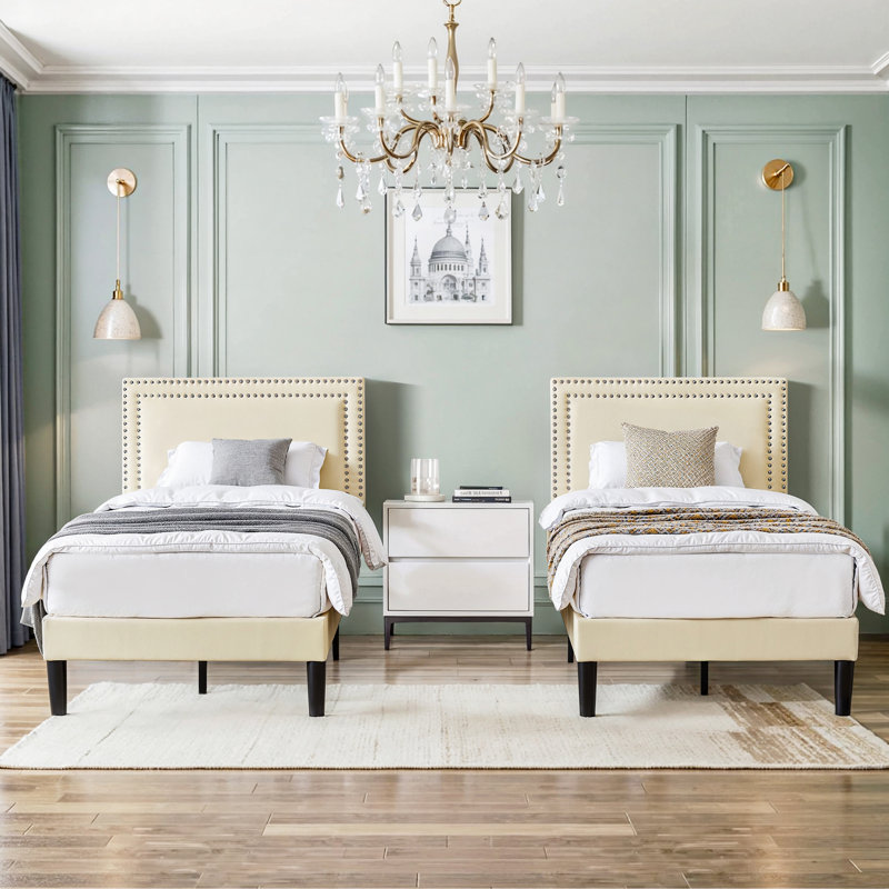 Aldora 2 Pack Beige Twin Upholstered Platform Bed Frame with Tufted Adjustable Headboard,Noise-Free Twin Size Bed with 8 Inch Under-Bed Storage