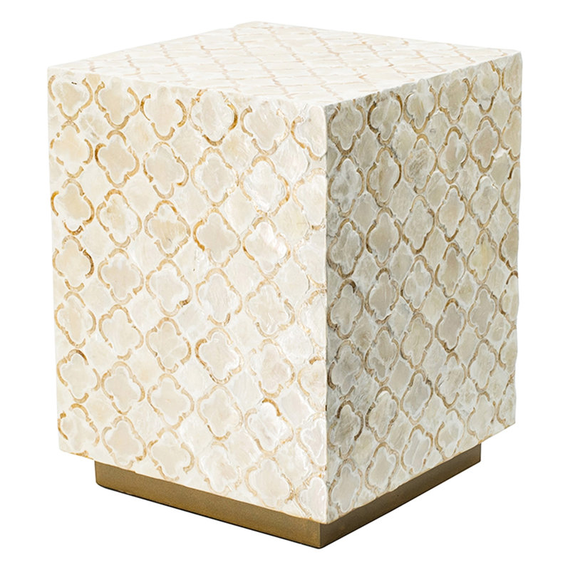 Tabouret carré crème de 14 x 14 x 18 po, motif, base en laiton, fonctionnel pour les maisons modernes