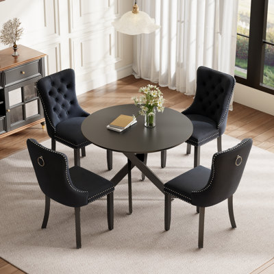 Round Wood Dining Set with Tufted Dining Chair