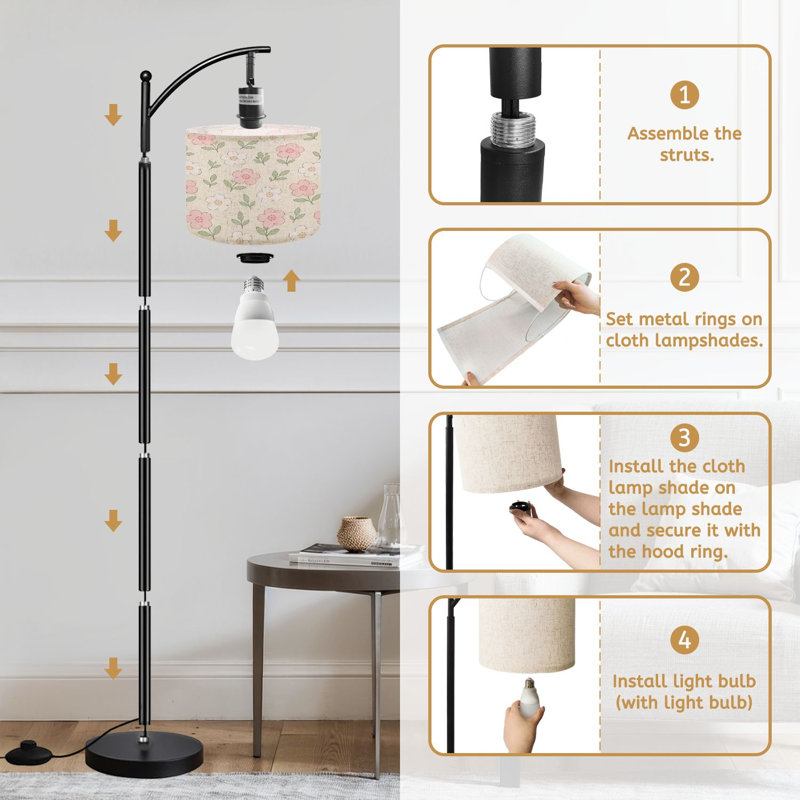  Lampe sur pied arc kawaii fleur japonaise haute rose moderne sur pied abat-jour réglable en lin à 3 couleurs